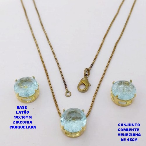 CONJUNTO NO BRUTO PRONTO PARA O BANHO(POTE) GARGANTILHA COM CORRENTE VENEZIANA DE 45CM PINGENTE E BRINCO LATÃO(ZIRCONIA CRAQUELADA )" 10X10MM" / PESO 4.9GR - BRU28381