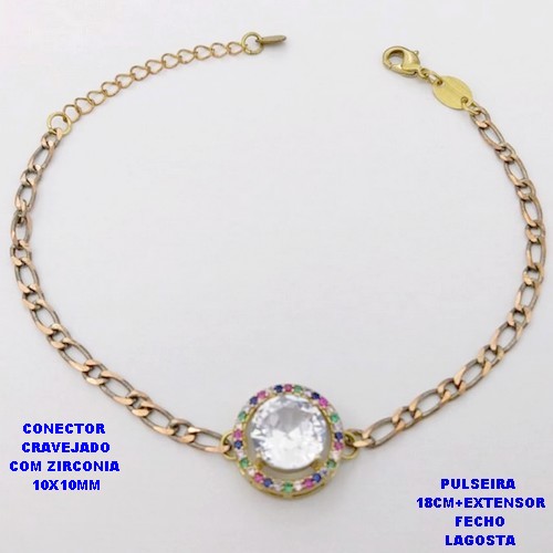 PULSEIRA NO BRUTO PRONTO PARA O BANHO(CX193)PULSEIRA CORRENTE 1X1 100% LATÃO 18CM+EXTENSOR - CONECTOR DE 1,5CM CRAVEJADO / ZIRCONIA 10X10MM / PESO 4.8GR - BRU28384