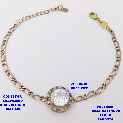 PULSEIRA NO BRUTO PRONTO PARA O BANHO(CX193)PULSEIRA CORRENTE 1X1 100% LATÃO 18CM+EXTENSOR - CONECTOR DE 1,5CM CRAVEJADO / ZIRCONIA 10X10MM / PESO 4.8GR - BRU28385