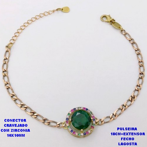 PULSEIRA NO BRUTO PRONTO PARA O BANHO(CX193)PULSEIRA CORRENTE 1X1 100% LATÃO 18CM+EXTENSOR - CONECTOR DE 1,5CM CRAVEJADO / ZIRCONIA 10X10MM / PESO 4.8GR - BRU28386