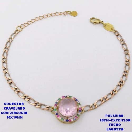 PULSEIRA NO BRUTO PRONTO PARA O BANHO(CX193)PULSEIRA CORRENTE 1X1 100% LATÃO 18CM+EXTENSOR - CONECTOR DE 1,5CM CRAVEJADO / ZIRCONIA 10X10MM / PESO 4.8GR - BRU28387