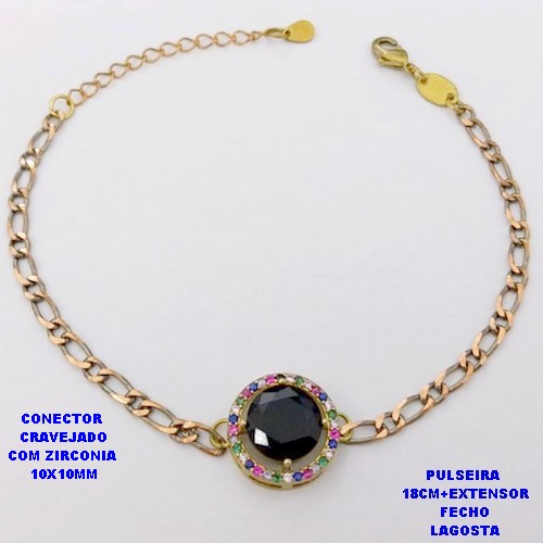 PULSEIRA NO BRUTO PRONTO PARA O BANHO(CX193)PULSEIRA CORRENTE 1X1 100% LATÃO 18CM+EXTENSOR - CONECTOR DE 1,5CM CRAVEJADO / ZIRCONIA 10X10MM / PESO 4.8GR - BRU28388