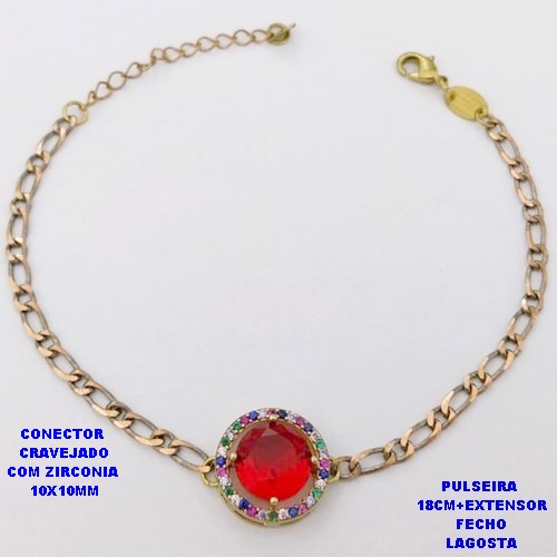 PULSEIRA NO BRUTO PRONTO PARA O BANHO(CX193)PULSEIRA CORRENTE 1X1 100% LATÃO 18CM+EXTENSOR - CONECTOR DE 1,5CM CRAVEJADO / ZIRCONIA 10X10MM / PESO 4.8GR - BRU28389