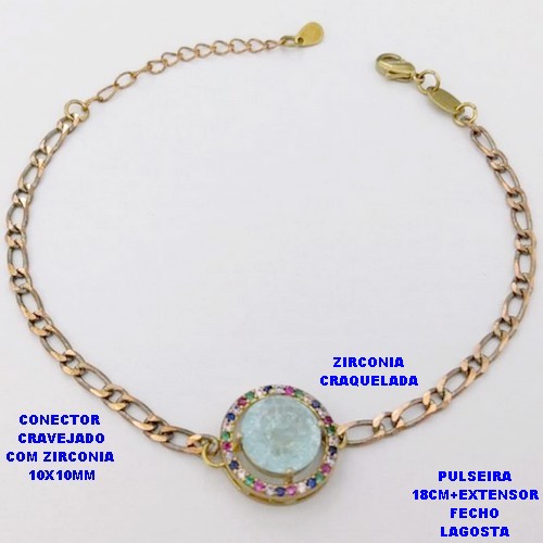 PULSEIRA NO BRUTO PRONTO PARA O BANHO(CX193)PULSEIRA CORRENTE 1X1 100% LATÃO 18CM+EXTENSOR - CONECTOR DE 1,5CM CRAVEJADO / ZIRCONIA 10X10MM / PESO 4.8GR - BRU28390