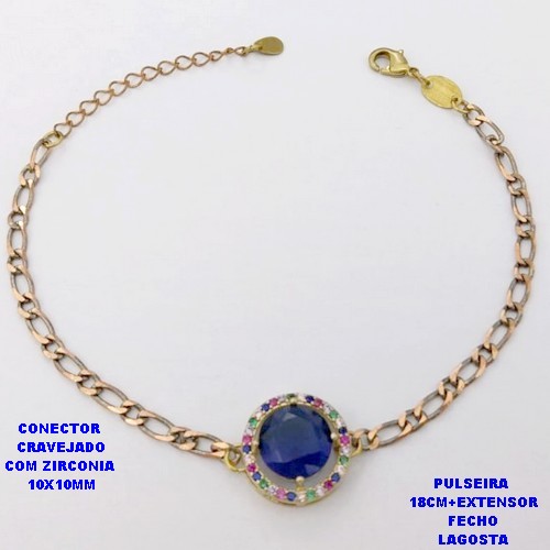 PULSEIRA NO BRUTO PRONTO PARA O BANHO(CX193)PULSEIRA CORRENTE 1X1 100% LATÃO 18CM+EXTENSOR - CONECTOR DE 1,5CM CRAVEJADO / ZIRCONIA 10X10MM / PESO 4.8GR - BRU28391
