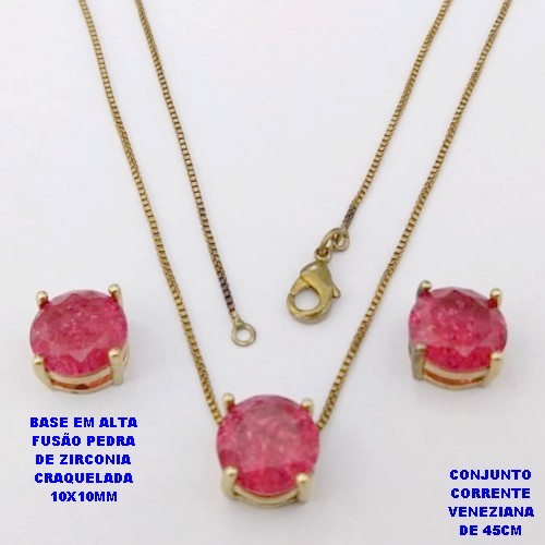 CONJUNTO NO BRUTO PRONTO PARA O BANHO(POTE) GARGANTILHA COM CORRENTE VENEZIANA DE 45CM PINGENTE E BRINCO EM ALTA FUSÃO (ZIRCONIA CRAQUELADA )" 10X10MM" / PESO 4.9GR - BRU28392