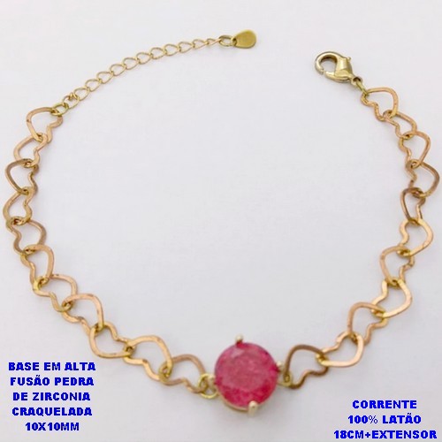 PULSEIRA NO BRUTO PRONTO PARA O BANHO(POTE) PULSEIRA COM CORRENTE DE CORAÇÃO LARGURA 0,05CM DE 18CM+EXTENSOR PINGENTE EM ALTA FUSÃO (ZIRCONIA CRAQUELADA )" 10X10MM" / PESO 4.4GR - BRU28394