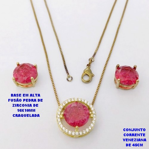 CONJUNTO NO BRUTO PRONTO PARA O BANHO(POTE) COMJUNTO COM CORRENTE VENEZIANA DE 45CM / BRINCO E PINGENTE COM BASE EM ALTA FUSÃO(ZIRCONIA CRAQUELADA )" 10X10MM" / PESO 6.9GR - BRU28397