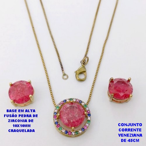 CONJUNTO NO BRUTO PRONTO PARA O BANHO(POTE) CONJUNTO COM CORRENTE VENEZIANA DE 45CM / BRINCO E PINGENTE COM BASE EM ALTA FUSÃO(ZIRCONIA CRAQUELADA )" 10X10MM" / PESO 6.9GR - BRU28398