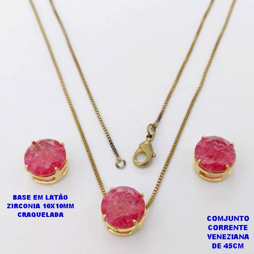CONJUNTO NO BRUTO PRONTO PARA O BANHO(POTE) CONJUNTO COM CORRENTE VENEZIANA DE 45CM / PINGENTE E BRINCO COM BASE EM LATÃO (ZIRCONIA CRAQUELADA )" 10X10MM" / PESO 4,9GR - BRU28403