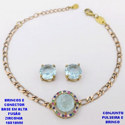 CONJUNTO NO BRUTO PRONTO PARA O BANHO(CX193) PULSEIRA COM CORRENTE UM EM UM FECHO LAGOSTA 18CM+EXTENSOR + BRINCO EM ALTA FUSÃO (ZIRCONIA CRAQUELADA )" 10X10MM" / PESO 7.2GR - BRU28390A