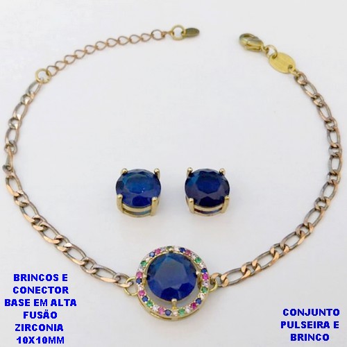 CONJUNTO NO BRUTO PRONTO PARA O BANHO(CX193) PULSEIRA COM CORRENTE UM EM UM FECHO LAGOSTA 18CM+EXTENSOR + BRINCO EM ALTA FUSÃO (ZIRCONIA )" 10X10MM" / PESO 7.2GR - BRU28391A