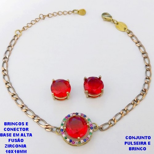CONJUNTO NO BRUTO PRONTO PARA O BANHO(CX193) PULSEIRA COM CORRENTE UM EM UM FECHO LAGOSTA 18CM+EXTENSOR + BRINCO EM ALTA FUSÃO (ZIRCONIA )" 10X10MM" / PESO 7.2GR - BRU28389A