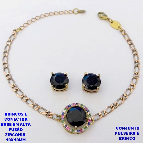 CONJUNTO NO BRUTO PRONTO PARA O BANHO(CX193) PULSEIRA COM CORRENTE UM EM UM FECHO LAGOSTA 18CM+EXTENSOR + BRINCO EM ALTA FUSÃO (ZIRCONIA )" 10X10MM" / PESO 7.2GR - BRU28388A