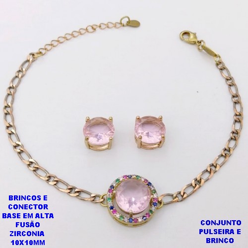 CONJUNTO NO BRUTO PRONTO PARA O BANHO(CX193) PULSEIRA COM CORRENTE UM EM UM FECHO LAGOSTA 18CM+EXTENSOR + BRINCO EM ALTA FUSÃO (ZIRCONIA )" 10X10MM" / PESO 7.2GR - BRU28387A
