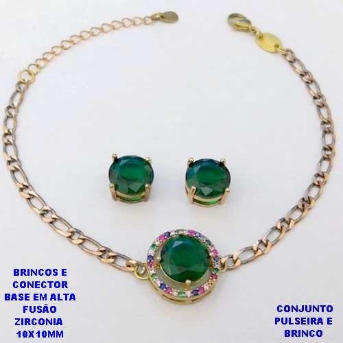 CONJUNTO NO BRUTO PRONTO PARA O BANHO(CX193) PULSEIRA COM CORRENTE UM EM UM FECHO LAGOSTA 18CM+EXTENSOR + BRINCO EM ALTA FUSÃO (ZIRCONIA )" 10X10MM" / PESO 7.2GR - BRU28386A