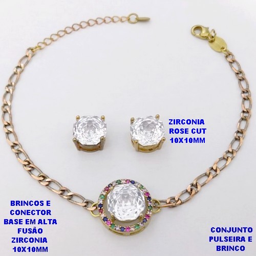 CONJUNTO NO BRUTO PRONTO PARA O BANHO(CX193) PULSEIRA COM CORRENTE UM EM UM FECHO LAGOSTA 18CM+EXTENSOR + BRINCO EM ALTA FUSÃO (ZIRCONIA ROSE CUT GS121 )" 10X10MM" / PESO 7.2GR - BRU28384A