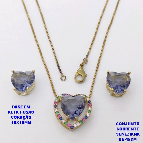 CONJUNTO NO BRUTO PRONTO PARA O BANHO - CONJUNTO COM CORRENTE VENEZIANA DE 45CM / BRINCO E PINGENTE COM BASE EM ALTA FUSÃO(ZIRCONIA CORAÇÃO )" 10X10MM" / PESO 6.3GR - BRU28414
