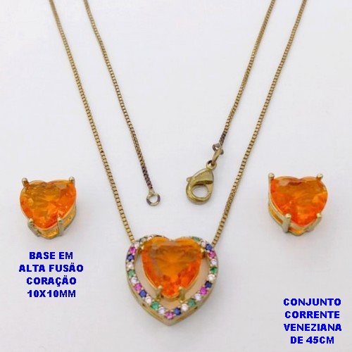 CONJUNTO NO BRUTO PRONTO PARA O BANHO - CONJUNTO COM CORRENTE VENEZIANA DE 45CM / BRINCO E PINGENTE COM BASE EM ALTA FUSÃO(ZIRCONIA CORAÇÃO )" 10X10MM" / PESO 6.3GR - BRU28416