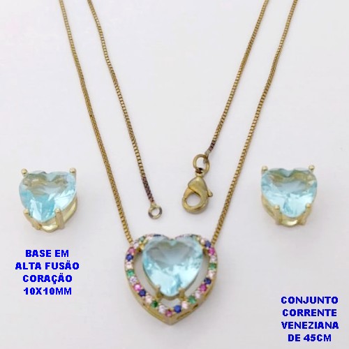 CONJUNTO NO BRUTO PRONTO PARA O BANHO - CONJUNTO COM CORRENTE VENEZIANA DE 45CM / BRINCO E PINGENTE COM BASE EM ALTA FUSÃO(ZIRCONIA CORAÇÃO )" 10X10MM" / PESO 6.3GR - BRU28417