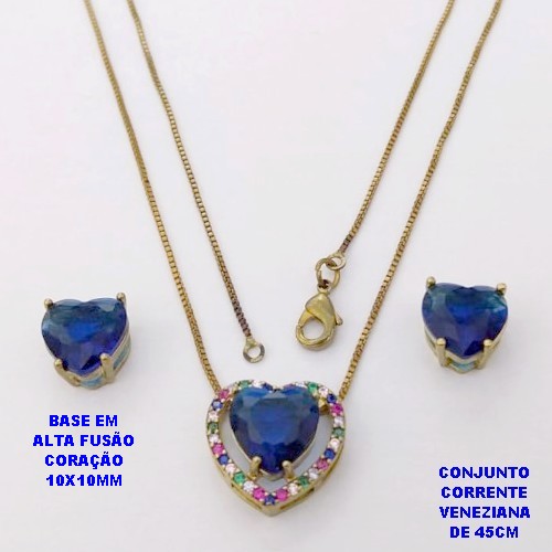 CONJUNTO NO BRUTO PRONTO PARA O BANHO - CONJUNTO COM CORRENTE VENEZIANA DE 45CM / BRINCO E PINGENTE COM BASE EM ALTA FUSÃO(ZIRCONIA CORAÇÃO )" 10X10MM" / PESO 6.3GR - BRU28419
