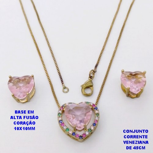 CONJUNTO NO BRUTO PRONTO PARA O BANHO - CONJUNTO COM CORRENTE VENEZIANA DE 45CM / BRINCO E PINGENTE COM BASE EM ALTA FUSÃO(ZIRCONIA CORAÇÃO )" 10X10MM" / PESO 6.3GR - BRU28420