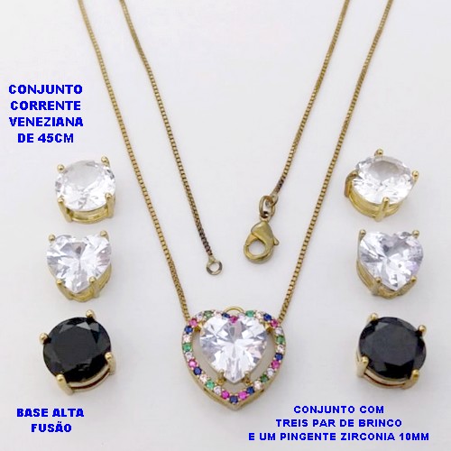 CONJUNTO NO BRUTO PRONTO PARA O BANHO - CONJUNTO COM CORRENTE VENEZIANA DE 45CM / BRINCO E PINGENTE COM BASE EM ALTA FUSÃO(ZIRCONIA " 10X10MM" / UM PINGENTE E TREIS PAR DE BRINCO 10X10MMPESO 13.5GR - BRU28421