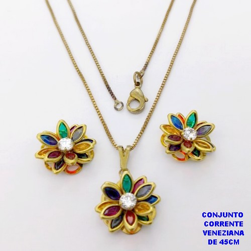 CONJUNTO NO BRUTO PRONTO PARA O BANHO(CX182 ) COM CORRENTE VENEZIANA DE 45CM COM FECHO LAGOSTA PINGENTE E BRINCO 12MM DE FLOR EM VIDRO E ZIRCONIA- -( PESO 5.2GR - BRU28467