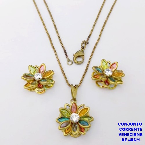 CONJUNTO NO BRUTO PRONTO PARA O BANHO(CX182 ) COM CORRENTE VENEZIANA DE 45CM COM FECHO LAGOSTA PINGENTE E BRINCO 14MM DE FLOR EM VIDRO E ZIRCONIA- -( PESO 5.3GR - BRU28469