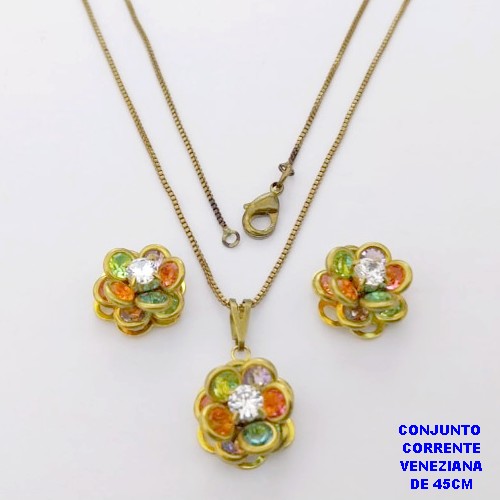 CONJUNTO NO BRUTO PRONTO PARA O BANHO(CX182 ) COM CORRENTE VENEZIANA DE 45CM COM FECHO LAGOSTA PINGENTE E BRINCO 12MM DE FLOR EM VIDRO E ZIRCONIA- -( PESO 5.3GR - BRU28470