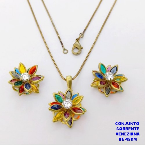 CONJUNTO NO BRUTO PRONTO PARA O BANHO(CX182 ) COM CORRENTE VENEZIANA DE 45CM COM FECHO LAGOSTA PINGENTE E BRINCO 12MM DE FLOR EM VIDRO E ZIRCONIA- -( PESO 5.3GR - BRU28471