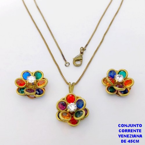 CONJUNTO NO BRUTO PRONTO PARA O BANHO(AV)(CX195) COM CORRENTE VENEZIANA DE 45CM COM FECHO LAGOSTA PINGENTE E BRINCO 14MM DE FLOR EM VIDRO E ZIRCONIA- -( PESO 5.3GR - BRU28472