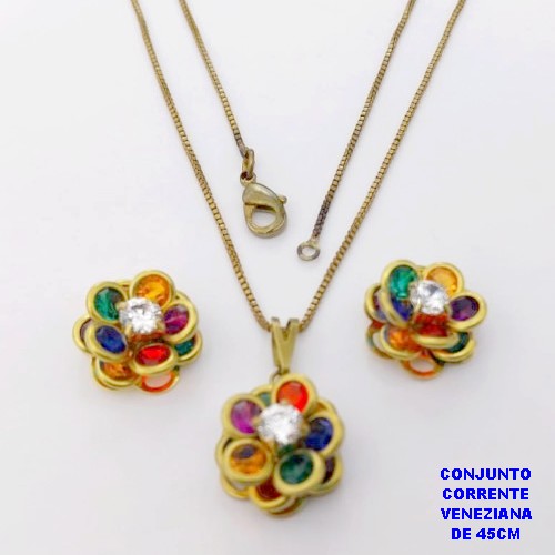 CONJUNTO NO BRUTO PRONTO PARA O BANHO(AV)(CX195 ) COM CORRENTE VENEZIANA DE 45CM COM FECHO LAGOSTA PINGENTE E BRINCO 12MM DE FLOR EM VIDRO E ZIRCONIA- -( PESO 5.3GR - BRU28473