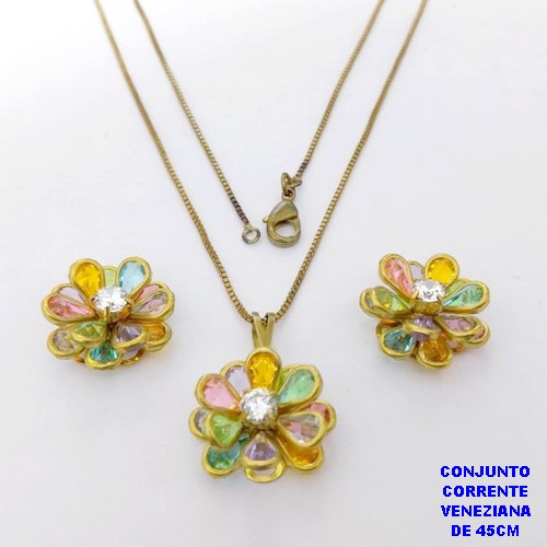 CONJUNTO NO BRUTO PRONTO PARA O BANHO(AV)(CX195)COM CORRENTE VENEZIANA DE 45CM COM FECHO LAGOSTA PINGENTE E BRINCO 14MM DE FLOR EM VIDRO E ZIRCONIA- -( PESO 6.3GR - BRU28475