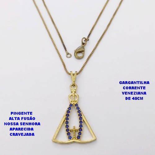 GARGANTILHA NO BRUTO PRONTO PARA O BANHO(CX ) COM CORRENTE VENEZIANA DE 45CM COM FECHO LAGOSTA PINGENTE EM ALTA FUSÃO(NOSSA SENHORA APARECIDA CRAVEJADA)TAMANHO 2,5X2CM -( PESO 3.1GR - BRU28492