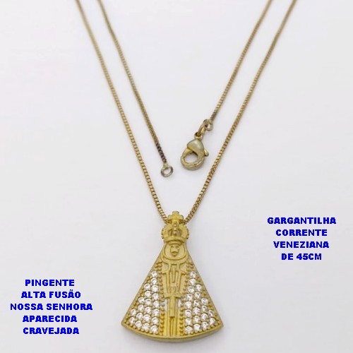 GARGANTILHA NO BRUTO PRONTO PARA O BANHO(CX ) COM CORRENTE VENEZIANA DE 45CM COM FECHO LAGOSTA PINGENTE EM ALTA FUSÃO(NOSSA SENHORA APARECIDA CRAVEJADA)TAMANHO 2,5X2CM -( PESO 3.8GR - BRU28493