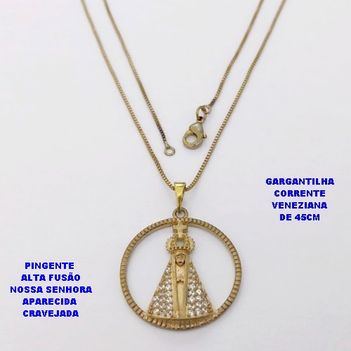 GARGANTILHA NO BRUTO PRONTO PARA O BANHO(CX ) COM CORRENTE VENEZIANA DE 45CM COM FECHO LAGOSTA PINGENTE EM ALTA FUSÃO(NOSSA SENHORA APARECIDA CRAVEJADA)TAMANHO 2,5CM -( PESO 3.9GR - BRU28494