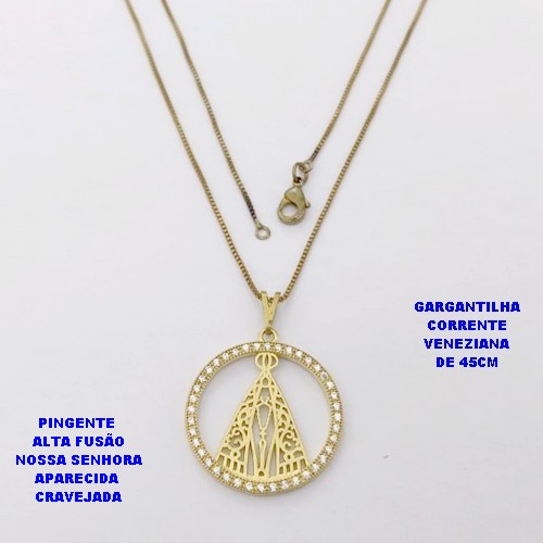 GARGANTILHA NO BRUTO PRONTO PARA O BANHO(CX ) COM CORRENTE VENEZIANA DE 45CM COM FECHO LAGOSTA PINGENTE EM ALTA FUSÃO(NOSSA SENHORA APARECIDA CRAVEJADA)TAMANHO 2,5CM -( PESO 3.9GR - BRU28495