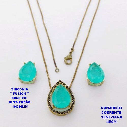 CONJUNTO NO BRUTO PRONTO PARA O BANHO(POTE )COM CORRENTE VENEZIANA DE 45CM / BRINCO E PINGENTE COM PEDRA DE ZIRCONIA "FUSION" COM BASE EM ALTA FUSÃO " 10X14MM " / PESO 7,7GR - BRU28804