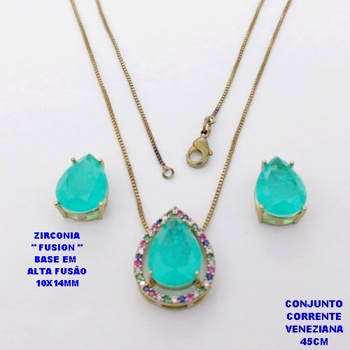 CONJUNTO NO BRUTO PRONTO PARA O BANHO(POTE )COM CORRENTE VENEZIANA DE 45CM / BRINCO E PINGENTE COM PEDRA DE ZIRCONIA "FUSION" COM BASE EM ALTA FUSÃO " 10X14MM " / PESO 7,7GR - BRU28805