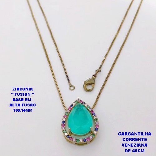 GARGANTILHA NO BRUTO PRONTO PARA O BANHO(POTE )COM CORRENTE VENEZIANA DE 45CM / BRINCO E PINGENTE COM PEDRA DE ZIRCONIA "FUSION" COM BASE EM ALTA FUSÃO " 10X14MM " / PESO 4.4GR - BRU28807