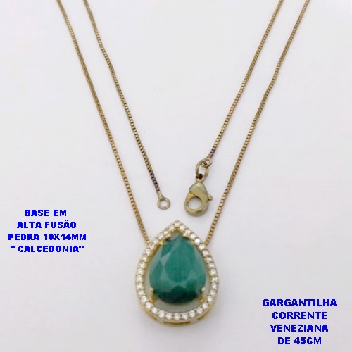 GARGANTILHA NO BRUTO PRONTO PARA O BANHO(POTE )COM CORRENTE VENEZIANA DE 45CM / BRINCO E PINGENTE COM PEDRA DE " CALCEDONIA " COM BASE EM ALTA FUSÃO " 10X14MM " / PESO 4.3GR - BRU29015