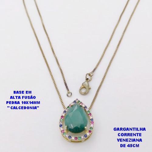 GARGANTILHA NO BRUTO PRONTO PARA O BANHO(POTE )COM CORRENTE VENEZIANA DE 45CM / BRINCO E PINGENTE COM PEDRA DE " CALCEDONIA " COM BASE EM ALTA FUSÃO " 10X14MM " / PESO 4.3GR - BRU29016