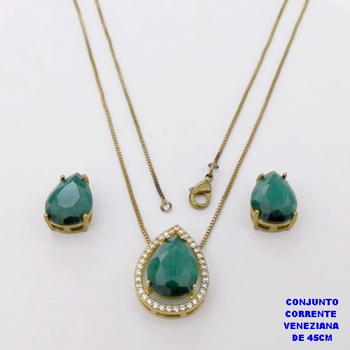 CONJUNTO NO BRUTO PRONTO PARA O BANHO(POTE )COM CORRENTE VENEZIANA DE 45CM / BRINCO E PINGENTE COM PEDRA DE " CALCEDONIA " COM BASE EM ALTA FUSÃO " 10X14MM " / PESO 7.2GR - BRU29026