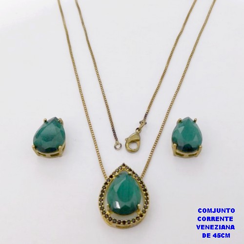 CONJUNTO NO BRUTO PRONTO PARA O BANHO(POTE )COM CORRENTE VENEZIANA DE 45CM / BRINCO E PINGENTE COM PEDRA DE " CALCEDONIA " COM BASE EM ALTA FUSÃO " 10X14MM " / PESO 7.2GR - BRU29027
