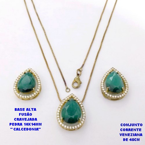 CONJUNTO NO BRUTO PRONTO PARA O BANHO(POTE )COM CORRENTE VENEZIANA DE 45CM / BRINCO E PINGENTE COM PEDRA DE " CALCEDONIA " COM BASE EM ALTA FUSÃO " 10X14MM " / PESO 7.2GR - BRU29029
