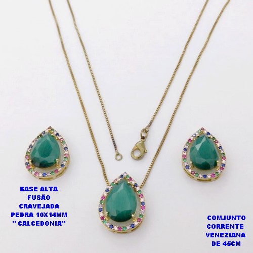 CONJUNTO NO BRUTO PRONTO PARA O BANHO(POTE )COM CORRENTE VENEZIANA DE 45CM / BRINCO E PINGENTE COM PEDRA DE " CALCEDONIA " COM BASE EM ALTA FUSÃO " 10X14MM " / PESO 7.2GR - BRU29030