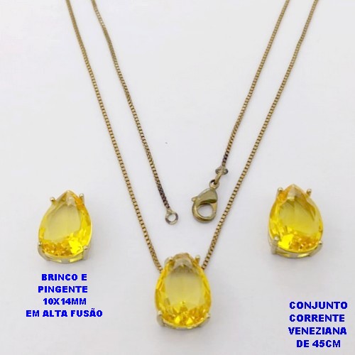 CONJUNTO NO BRUTO PRONTO PARA O BANHO(POTE )COM CORRENTE VENEZIANA DE 45CM / BRINCO E PINGENTE COM PEDRA DE " ZIRCONIA " COM BASE EM ALTA FUSÃO " 10X14MM " / PESO 5.9GR - BRU29040