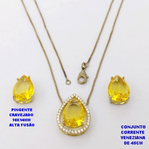 CONJUNTO NO BRUTO PRONTO PARA O BANHO(POTE )COM CORRENTE VENEZIANA DE 45CM / BRINCO E PINGENTE COM PEDRA DE " ZIRCONIA " COM BASE EM ALTA FUSÃO " 10X14MM " / PESO 5.9GR - BRU29041