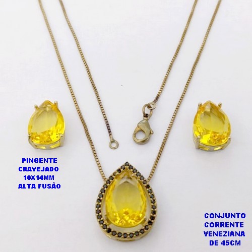 CONJUNTO NO BRUTO PRONTO PARA O BANHO(POTE )COM CORRENTE VENEZIANA DE 45CM / BRINCO E PINGENTE COM PEDRA DE " ZIRCONIA " COM BASE EM ALTA FUSÃO " 10X14MM " / PESO 5.9GR - BRU29044